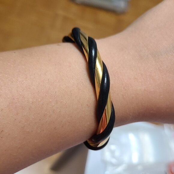 Vintage Luxury Hermes Torsade Gold Black Leather Twist Bangle Open Cuff Bracelet - Picture 8 of 10